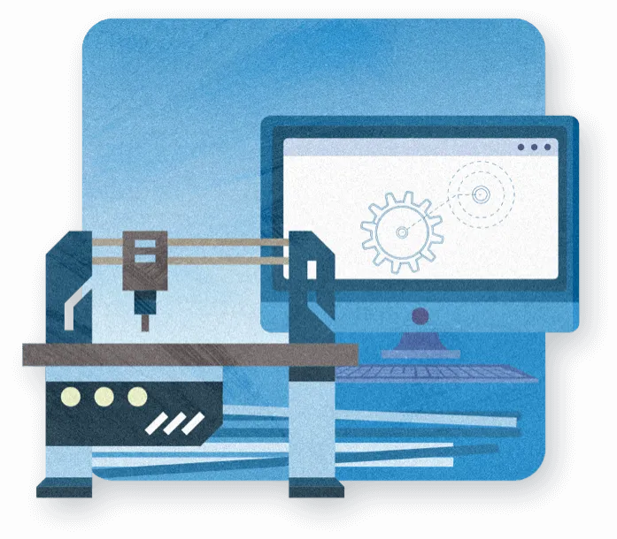 A CNC machine with engineering drawing displayed